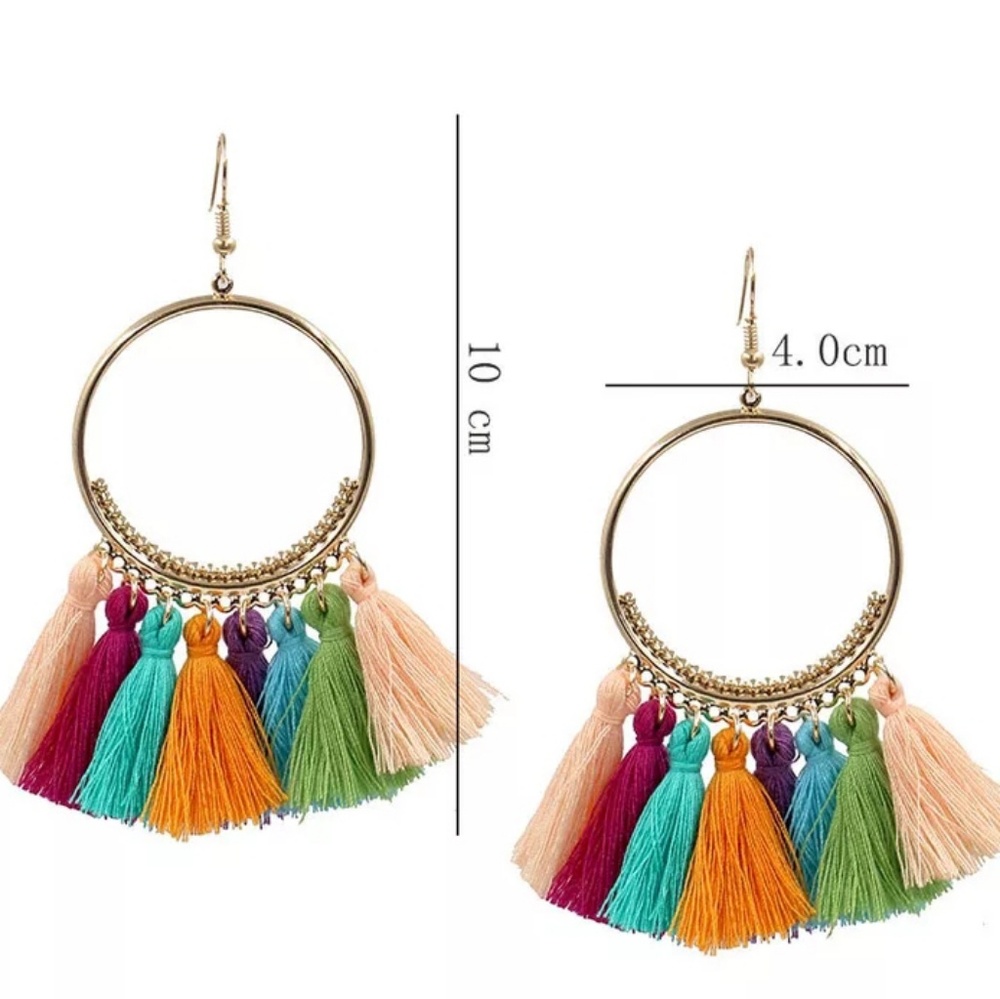 Gypsy Bohemian Spenish Vibe Tassel Hoop Earrings - Picture 3 of 4